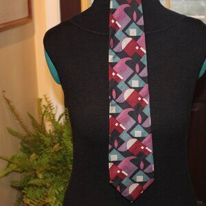BUGATTI Vintage 80's Cubist Italian Silk Abstract-Neck Tie-Mauve Teal Black